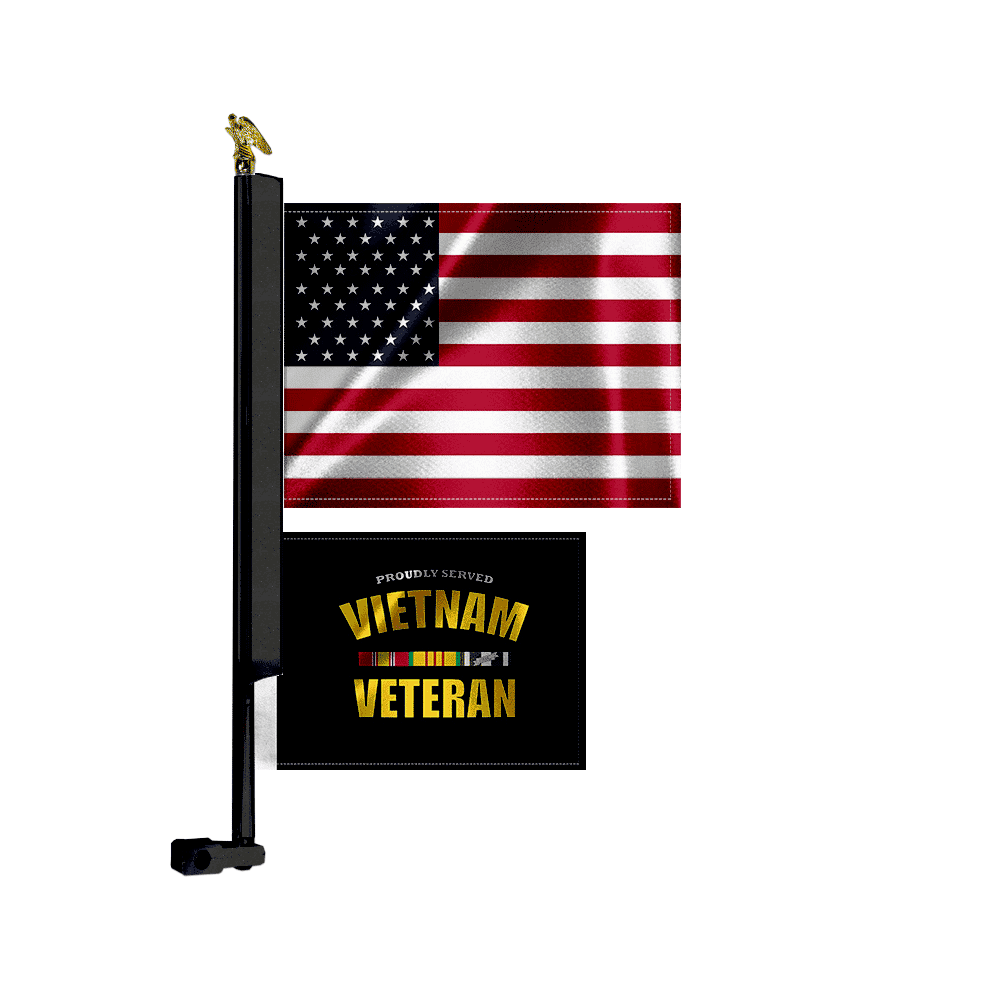 18in Black 2 Flag MC Flag Mount with US Flag & Vietnam Vet Flag and Eagle Topper