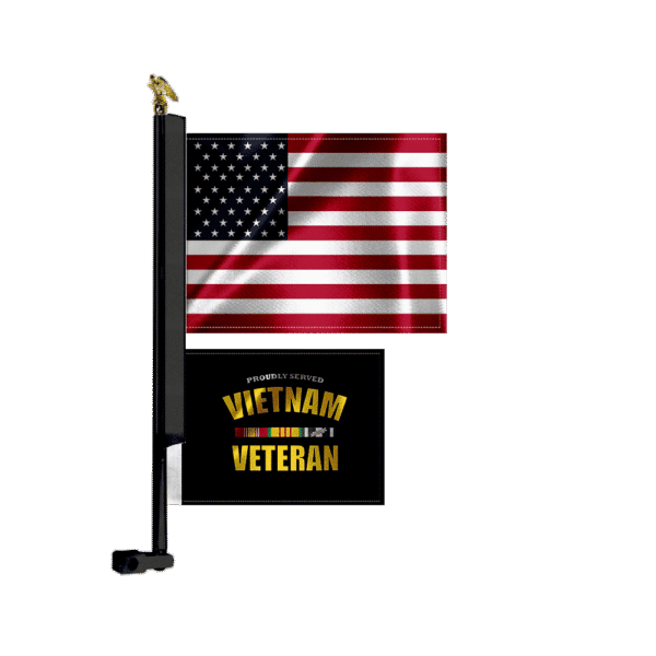 18in Black 2 Flag MC Flag Mount with US Flag & Vietnam Vet Flag and Eagle Topper